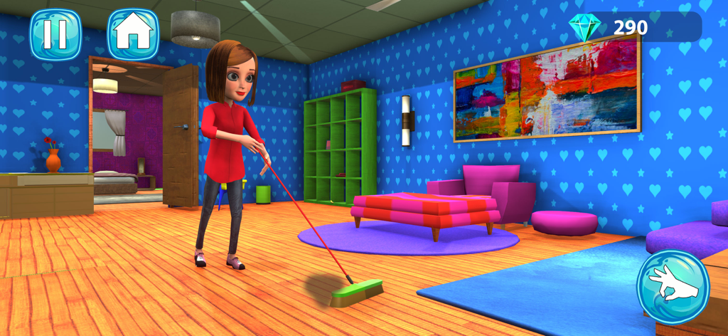 Mother Simulator Babysitter - Personaje de madre barriendo el suelo en una colorida casa virtual.