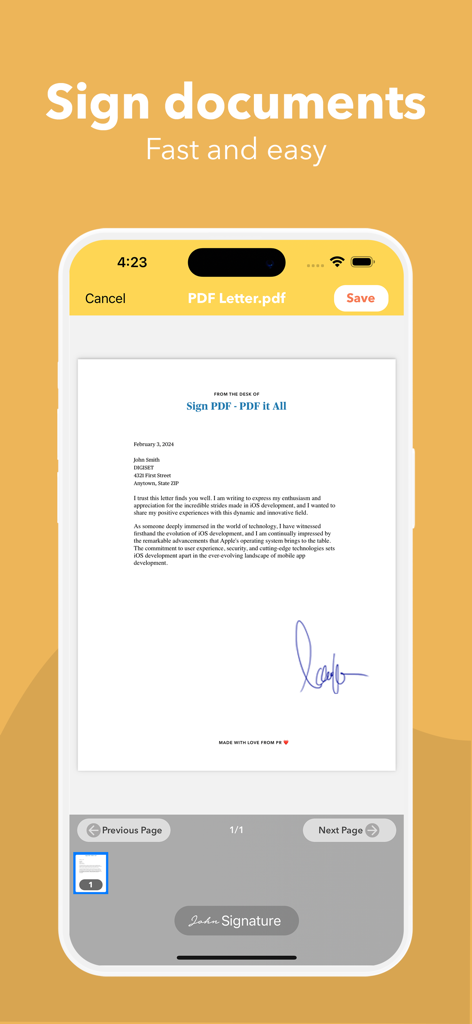 PDF it All Document Converter - Screenshot der PDF it All App, der zeigt, wie ein Dokument auf einem mobilen Gerät unterschrieben wird.