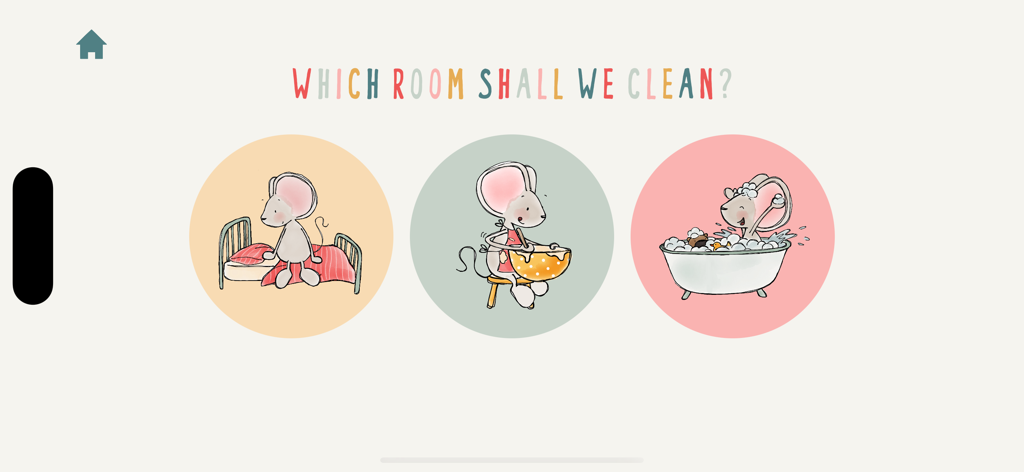 Uma tela de seleção do aplicativo Little Mouse perguntando qual quarto limpar, com ilustrações desenhadas à mão de um rato em um quarto, cozinha e banheiro