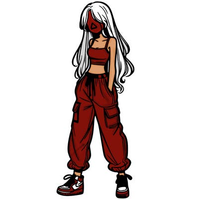 girl in baggy pants crop top and long hair