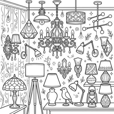 Brighten your day with this intricate coloring page featuring a stunning variety of lighting fixtures. Explore elegant chandeliers, charming lamps, and stylish sconces, all ready for your creative touch.