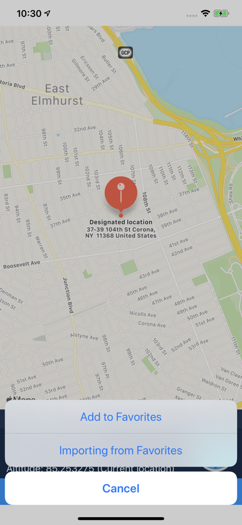 App interface showing a map pin in East Elmhurst New York with favorites menu options