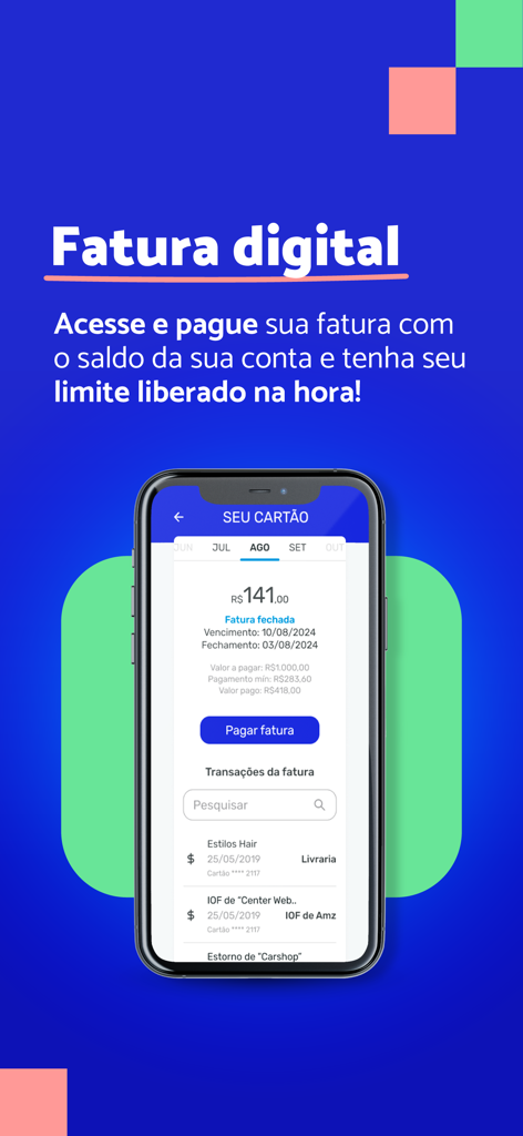 DM App: Conta, Crédito e Pix - Interface of DM App showing digital invoice payment and credit card transaction details