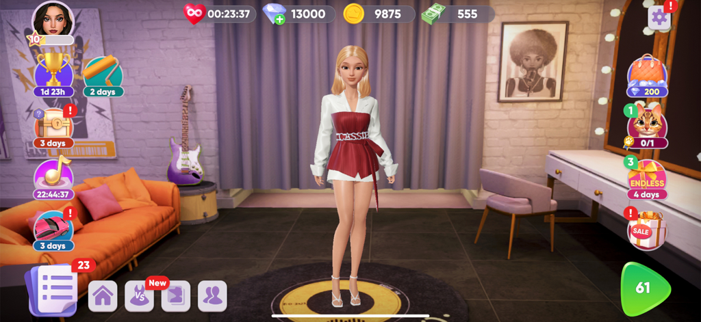 Hollywood Crush - Un personaje femenino elegante de pie en un estudio personalizable en el juego móvil Hollywood Crush