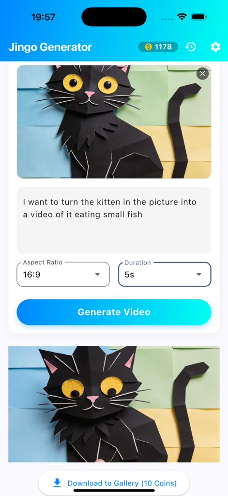 Jingoモバイルアプリのインターフェース。黒い切り紙の猫のイラストをアニメートするためのテキストから動画へのプロンプトを表示。