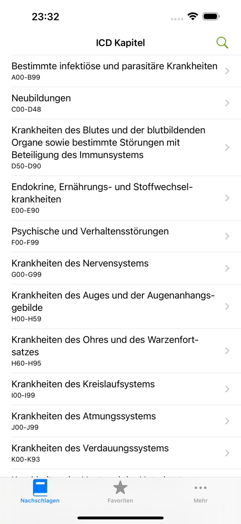 Mobile screen showing a list of ICD-10 medical diagnosis chapters and code ranges in German