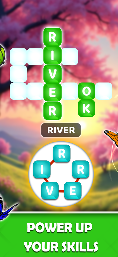 Word Fit - Game - Word Fit game interface showing a crossword grid and a letter selection wheel on a scenic blossom background