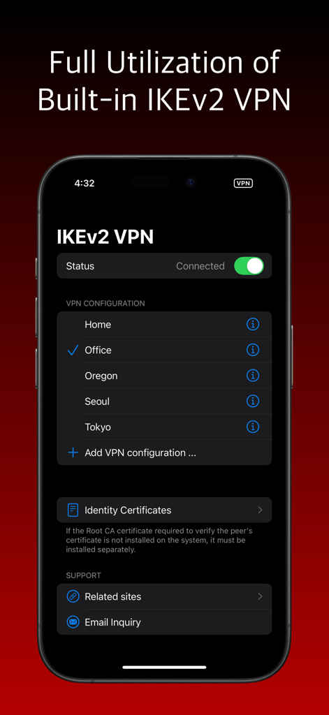 IKEv2 VPN 앱 대시보드에 서버 구성 및 연결 상태 표시