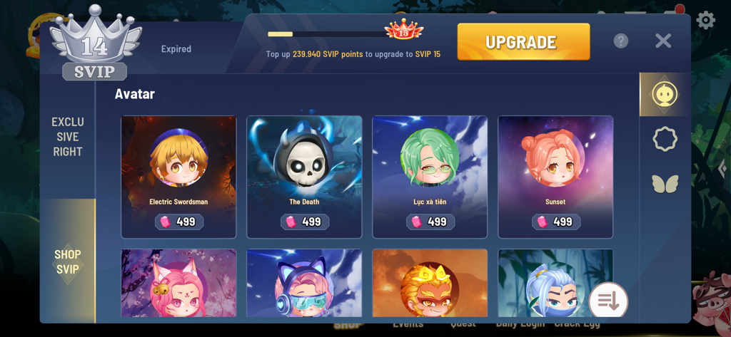 Ba Bich Game - Avatar selection screen in the Ba Bich Game app showing collectible anime character icons and SVIP rewards