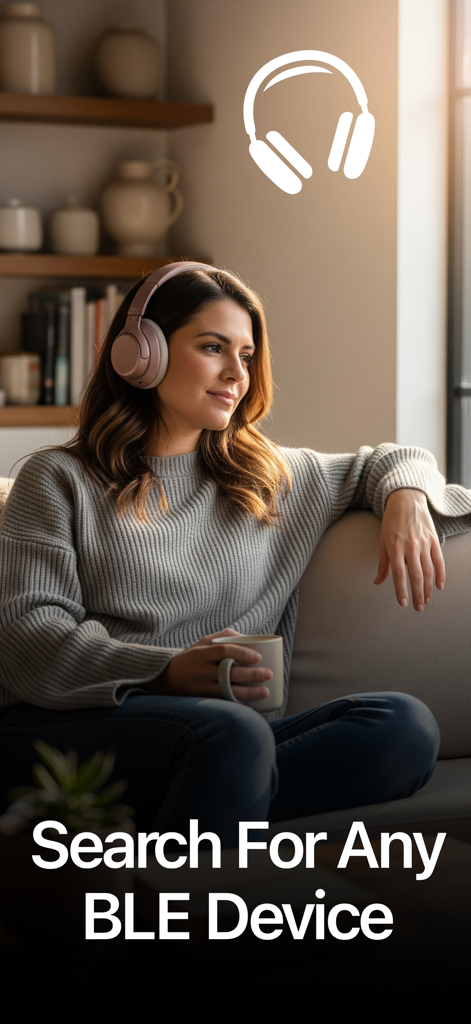 Bluetooth Device Finder • BLE - Woman wearing over ear headphones sitting on a sofa with text Search For Any BLE Device