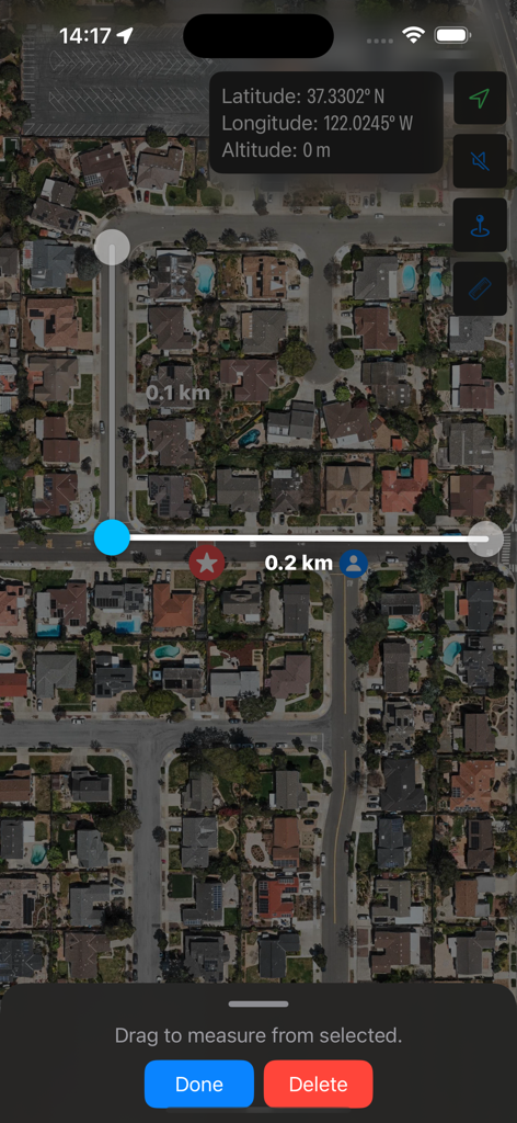 GPS Emu - Location Tracker App - Satellite map view in GPS Emu app showing distance measurement tools and location coordinates