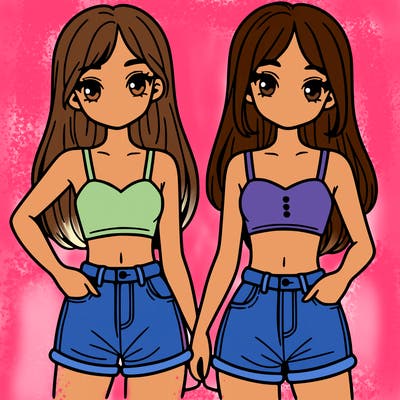 two sisters with crop tops and jean shorts and straight hair