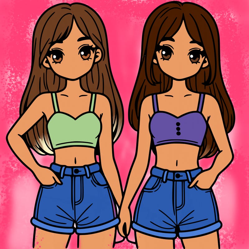 two sisters with crop tops and jean shorts and straight hair