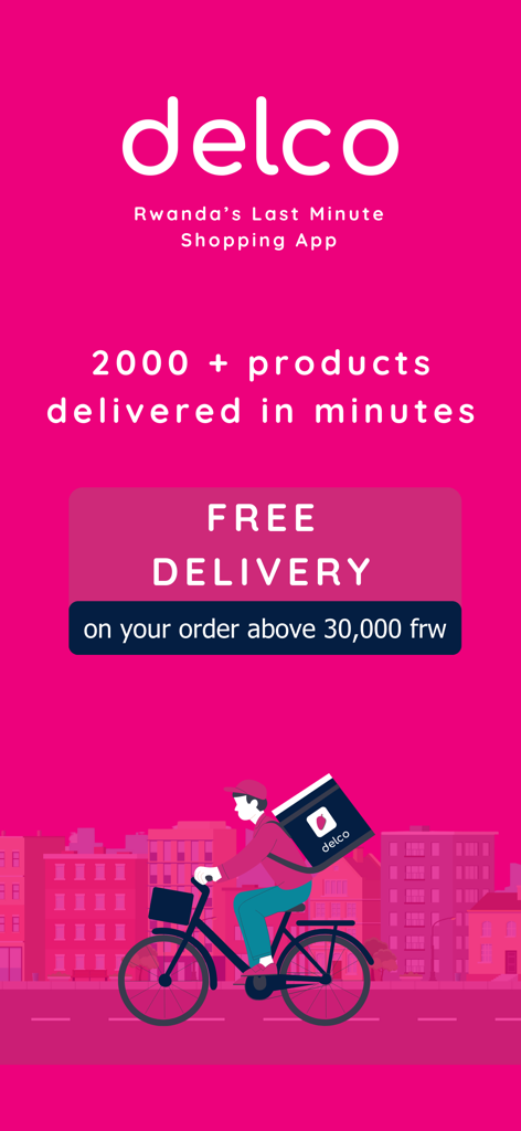 delco: Grocery, Food & More - Pantalla de la aplicación Delco para entrega de comestibles en Ruanda con un ciclista