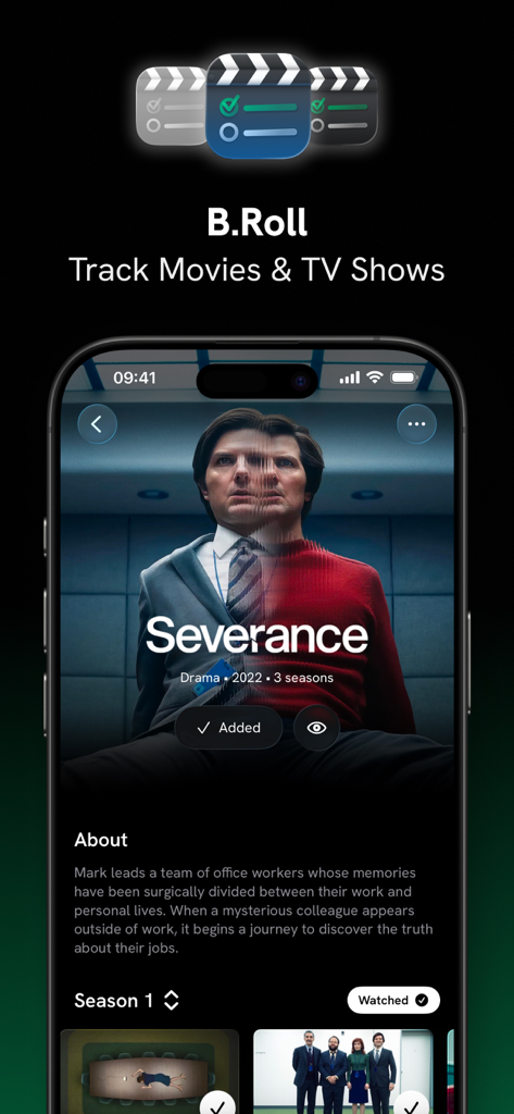 B.Roll – Movies & TV Tracker - B.Rollアプリインターフェース。TV番組「セヴェランス」の詳細が表示され、シーズンとエピソードが追跡されています。