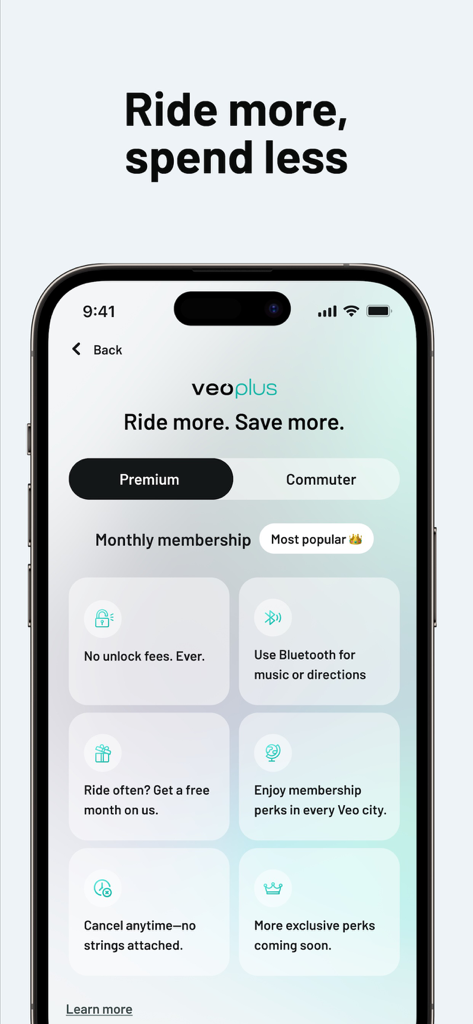 Veo - Veo app screen showing veoplus monthly membership options and perks like no unlock fees