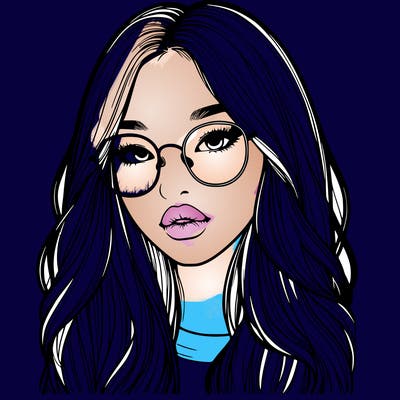 realistic korean girl with long hair, glasses and big lips