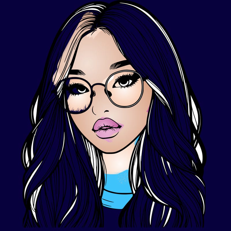 realistic korean girl with long hair, glasses and big lips