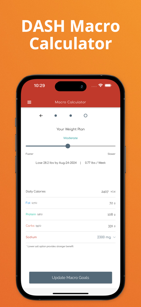 My Dash Diet: Sodium Tracker - Un'interfaccia per smartphone che mostra il Calcolatore di Macro DASH con obiettivi giornalieri per calorie, grassi, proteine, carboidrati e sodio.