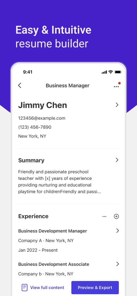 Screenshot of the Resume Builder mobile app interface displaying a professional resume template for a business manager.