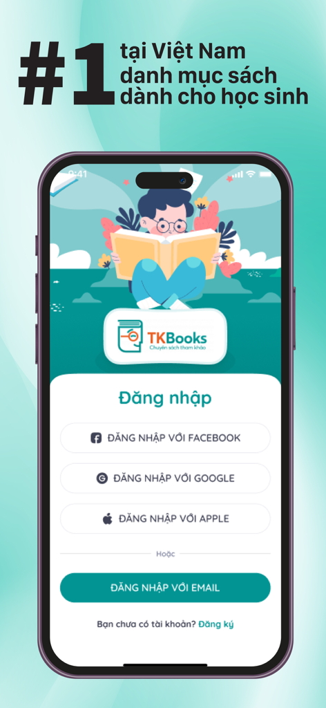 TKBooks - TKBooksアプリのログイン画面、ソーシャルログインオプションと学生の読書イラスト付き