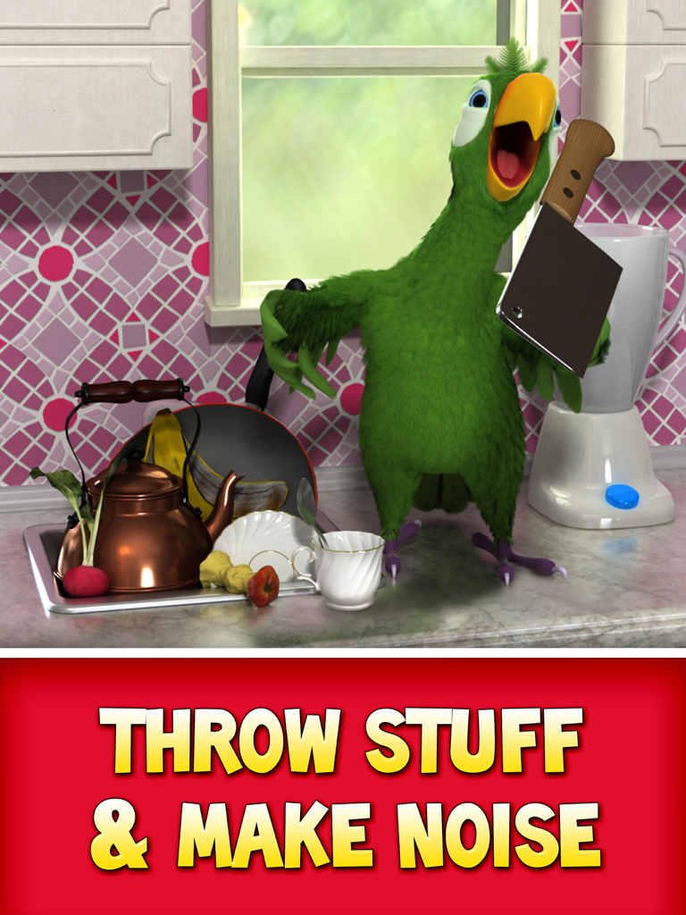 Talking Pierre the parrot holding a meat cleaver in a kitchen with the text Throw Stuff and Make Noise