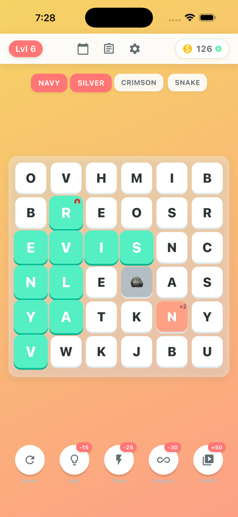 Word Search Link gameplay interface showing a grid of letters with the word silver highlighted and a stone block hazard.