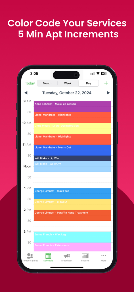 MyChair app daily schedule interface featuring color coded salon service appointments