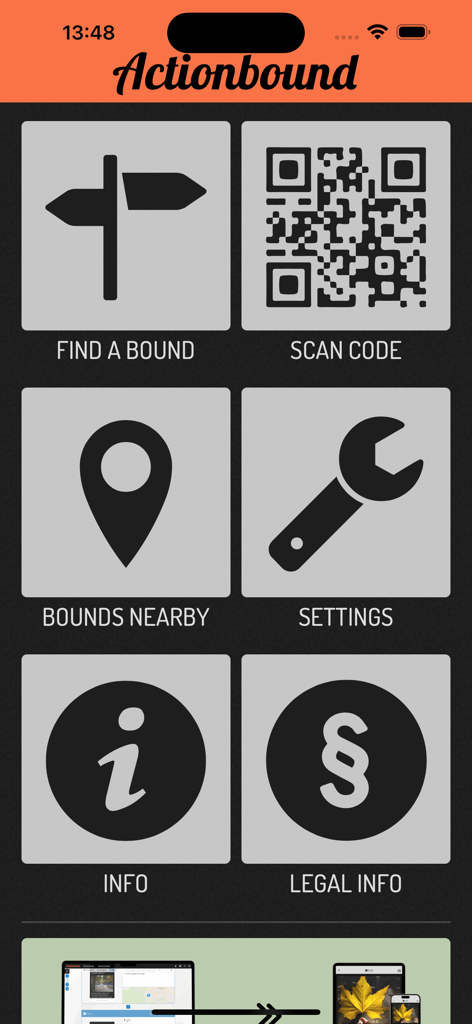 Actionbound - Actionbound mobile app home screen featuring menu icons for finding scavenger hunt bounds and scanning QR codes.