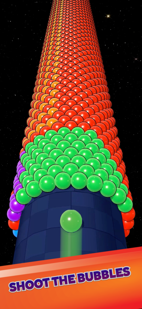 Bubble Tower 3D! - Gameplay di Bubble Tower 3D che mostra una bolla verde sparata contro una torre rotante di bolle colorate nello spazio