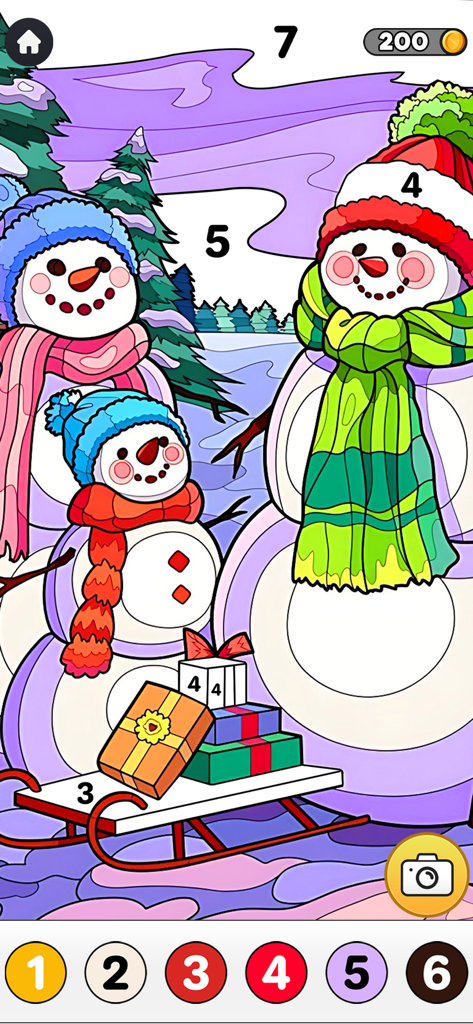 Paint Book Christmas Edition - A color by number interface showing a snowmen family and Christmas gifts being painted in a digital coloring book app