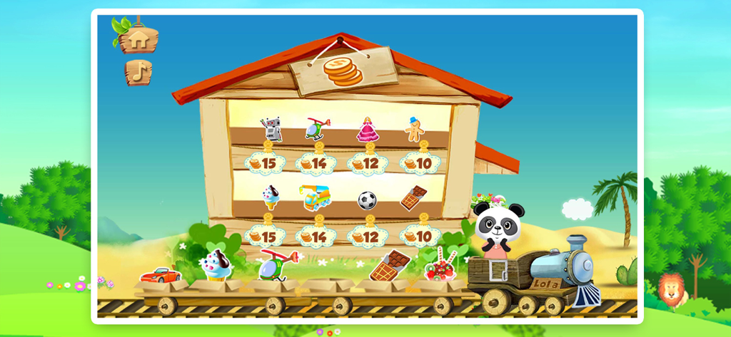 Lola Panda sitting in a train engine in front of a wooden prize shop with various toys and their coin prices