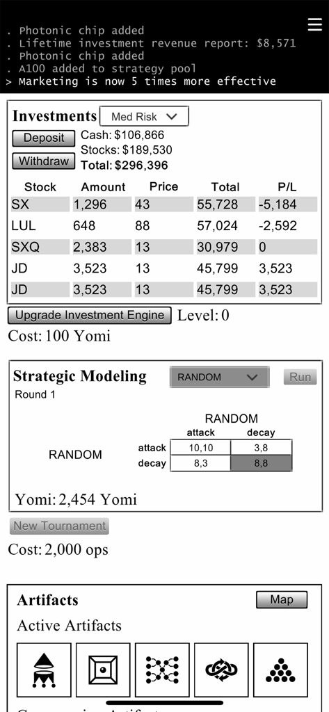 Interface du jeu mobile Universal Paperclips affichant les investissements boursiers et les sections de modélisation stratégique
