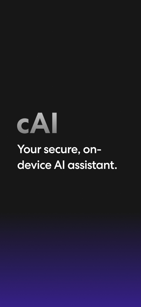Interfaz de la aplicación cAI que muestra el eslogan Su asistente de IA seguro en el dispositivo
