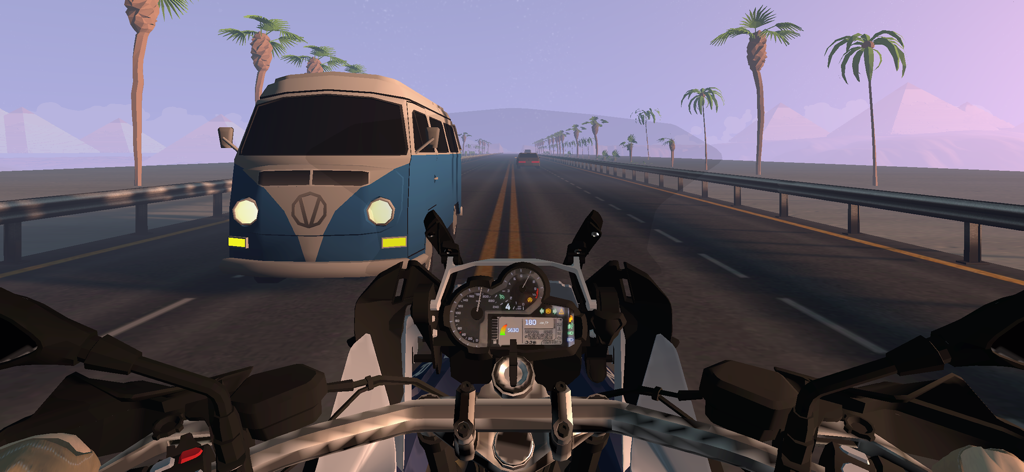 Motorush - Traffic Rider - First-person POV of a motorcycle racing through traffic on a desert highway in Motorush.