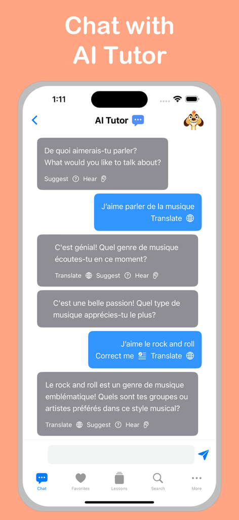A screenshot of the Learn French plus app showing a conversation with an AI tutor about music in French.