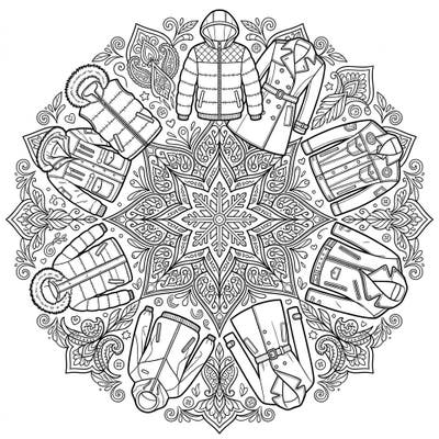 Explore a world of fashion with this unique outerwear mandala coloring page, designed specifically for teens. This intricate design combines trendy jackets and coats with symmetrical patterns for a relaxing and creative experience.
