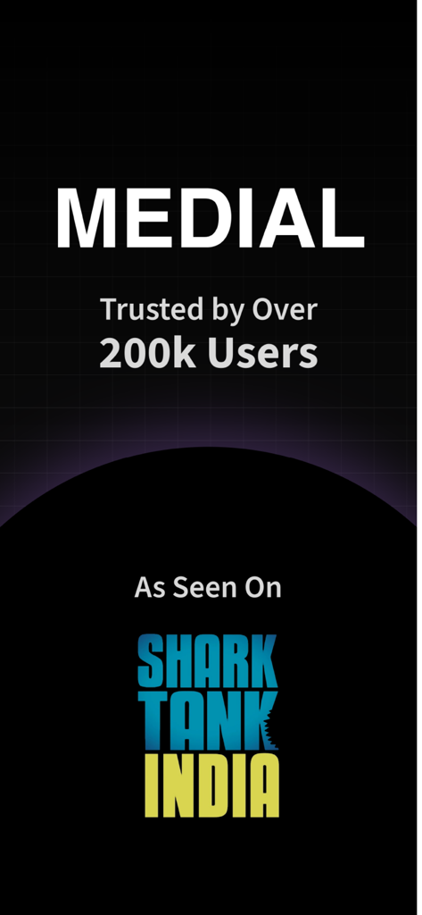Medial - Startup News and Tech - Medial app promotional screen featuring Shark Tank India logo and 200k users milestone