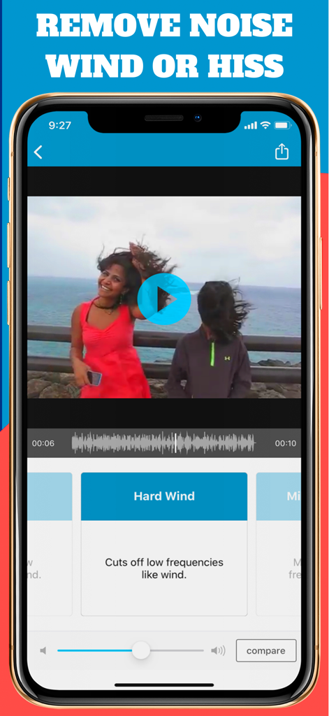 Smartphone screen showing AudioFix app interface with the Hard Wind removal filter selected to clean audio from a windy outdoor video