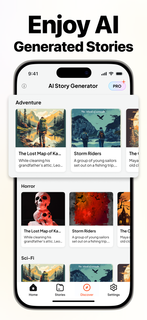 NovelAI | AI Story Generator - A tela de descoberta do aplicativo NovelAI mostrando cartões de histórias gerados por IA em gêneros como Aventura e Terror.