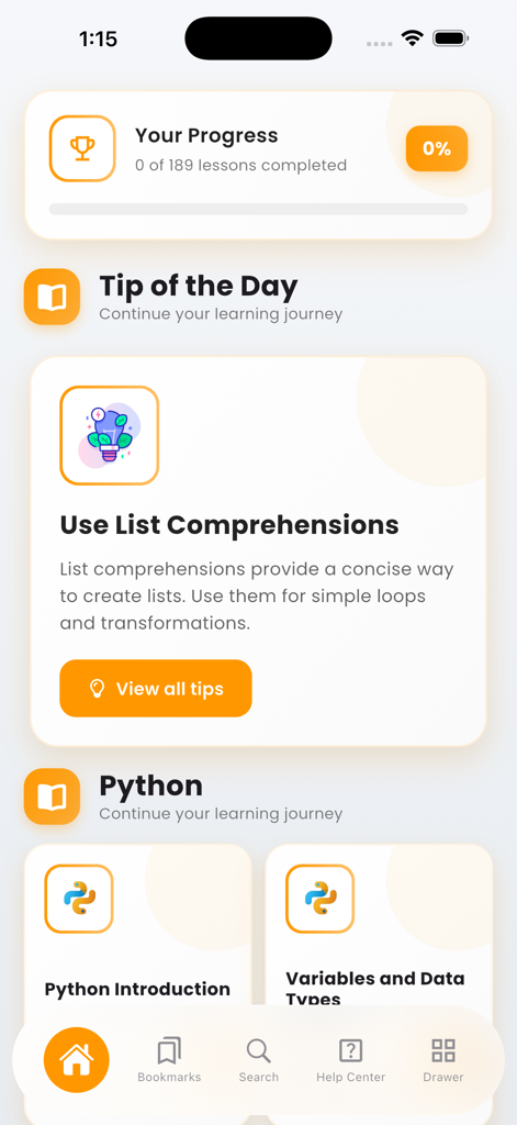 Dashboard of Learn Python Programming Pro app displaying lesson progress and a coding tip about list comprehensions.