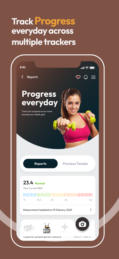 Tweak & eat with eatGPT - Tweak and Eat 앱의 인터페이스, 건강 진행 보고서 및 BMI 추적 표시
