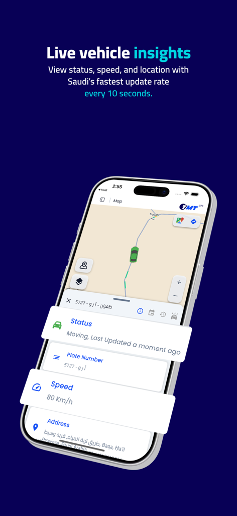Smartphone-Bildschirm, der den Live-Fahrzeugstatus, die Geschwindigkeit und den Standort innerhalb der TMTGPS-App anzeigt.