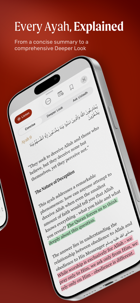 Screenshot of the Revealed app displaying a concise English explanation and translation of a Quranic Ayah.