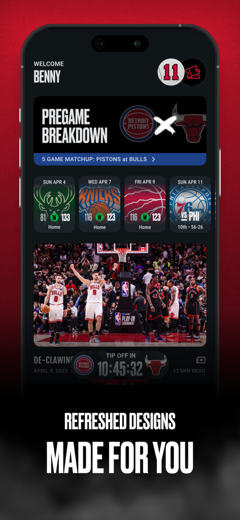 Chicago Bulls - The Chicago Bulls app interface showing a personalized pregame breakdown and recent game results.