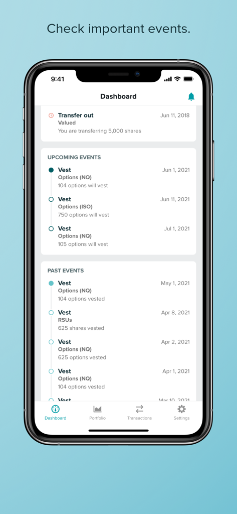 Shareworks app dashboard displaying upcoming and past stock option vesting events.