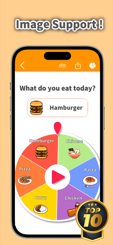 Une roue de sélection numérique sur l'écran d'un smartphone montrant diverses options alimentaires comme hamburger et pizza pour prendre des décisions de déjeuner.