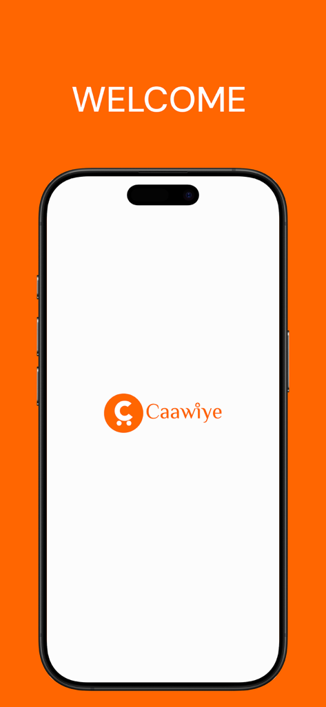 Caawiye Shop and Deliver app welcome screen showing the brand logo on a mobile phone