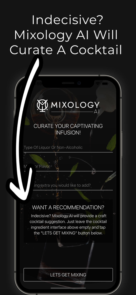 Mixology AI - Interfaz de la aplicación Mixology AI para obtener una recomendación de cóctel curada