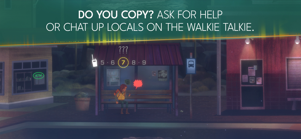OXENFREE II: Lost Signals - Riley using a walkie talkie at a bus stop in Oxenfree II